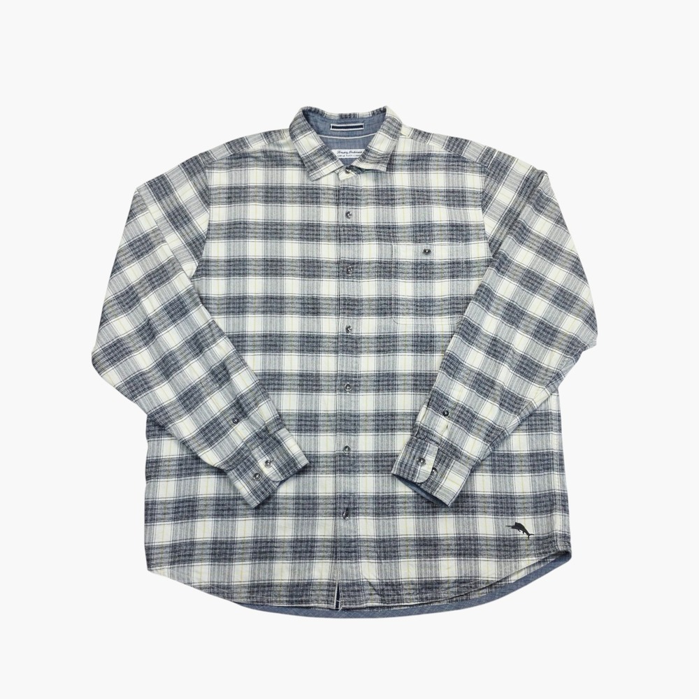 Tommy Bahama Mens XLT Canyon Beach Flannel Shirt Grey White Plaid Long Sleeve - Picture 3 of 11